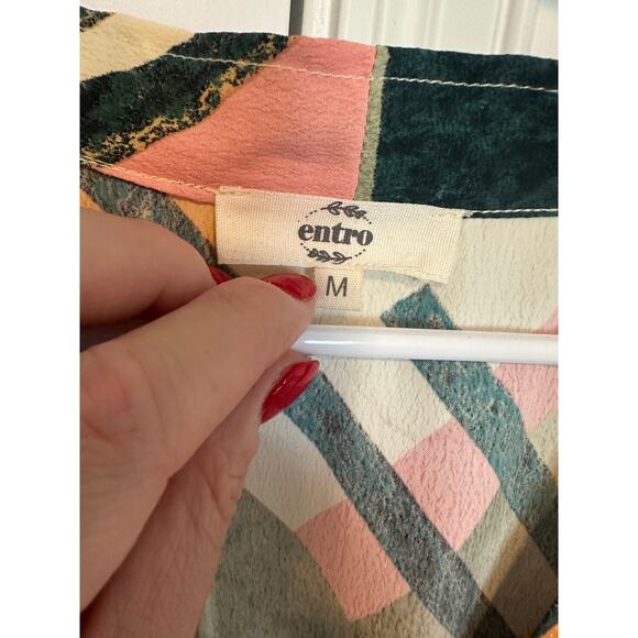 Entro Women's Medium Multicolor Vintage Resort Green Abstract V-Neck Midi Dress - Picture 5 of 7